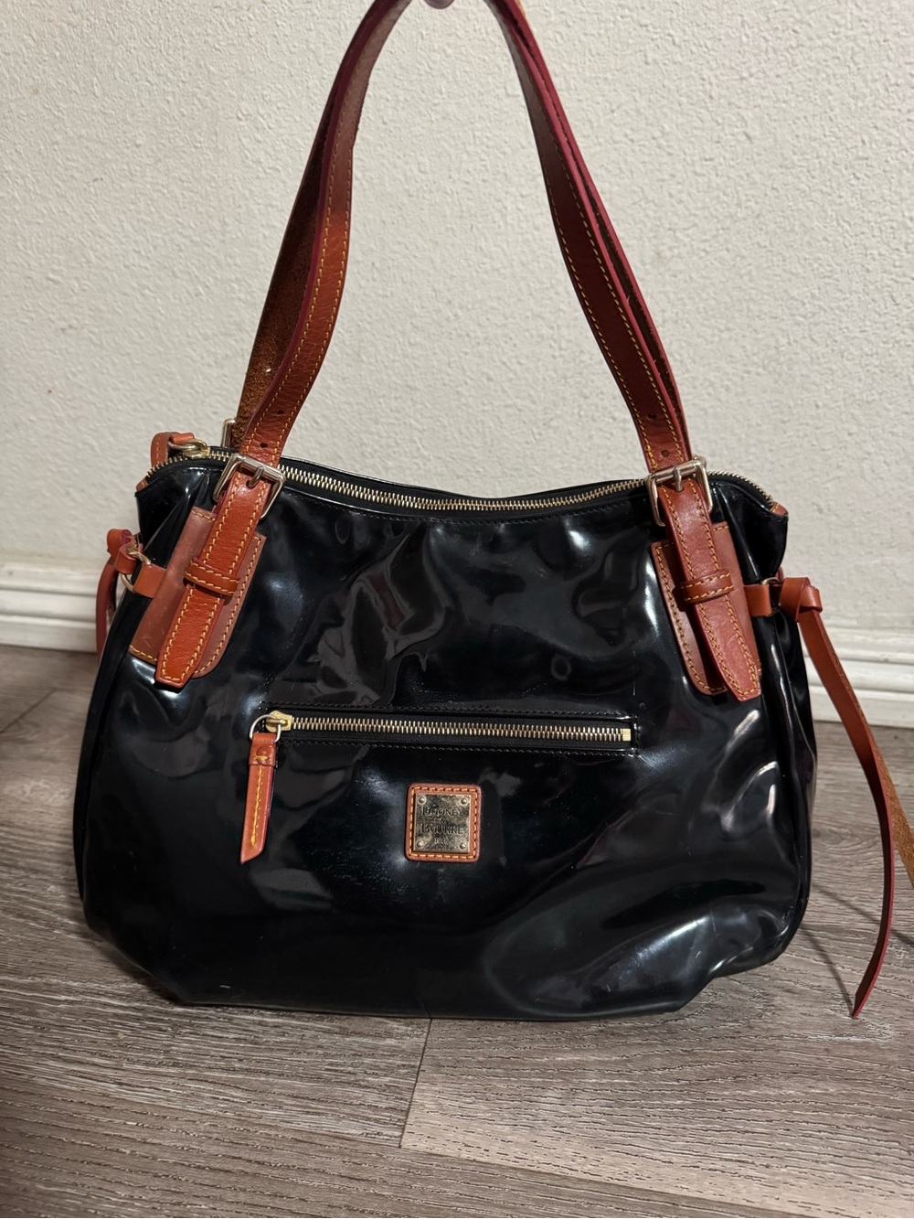Dooney & Bourke Black Patent Shoulder Bag with Brown Trim